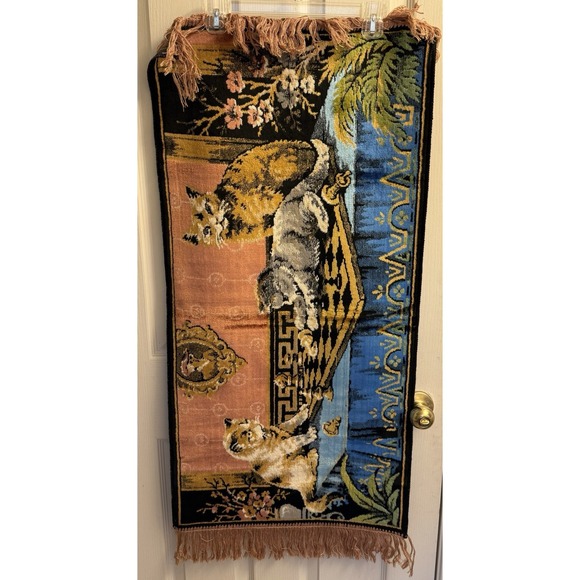 Vintage Cat Tapestry Wall Hanging  CATS PLAYING CHESS 44"x19.5" - Picture 1 of 4